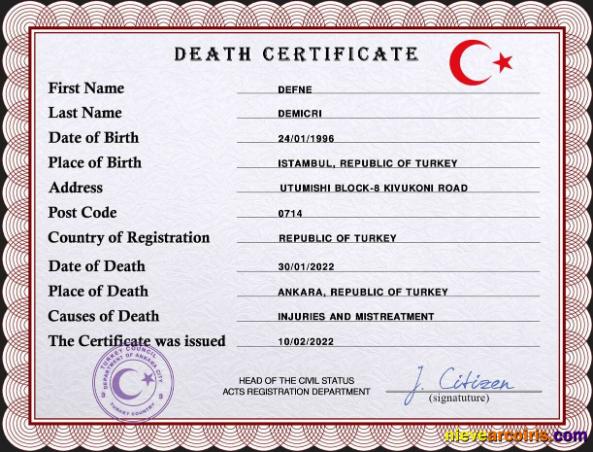 Turkey death certificate